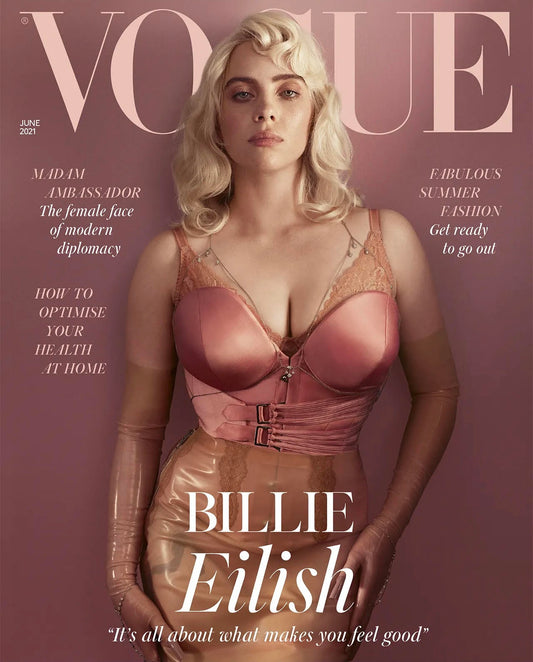 June 2021 cover of British Vogue featuring Billie Eilish wearing a commissioned Deborah Brand corset.