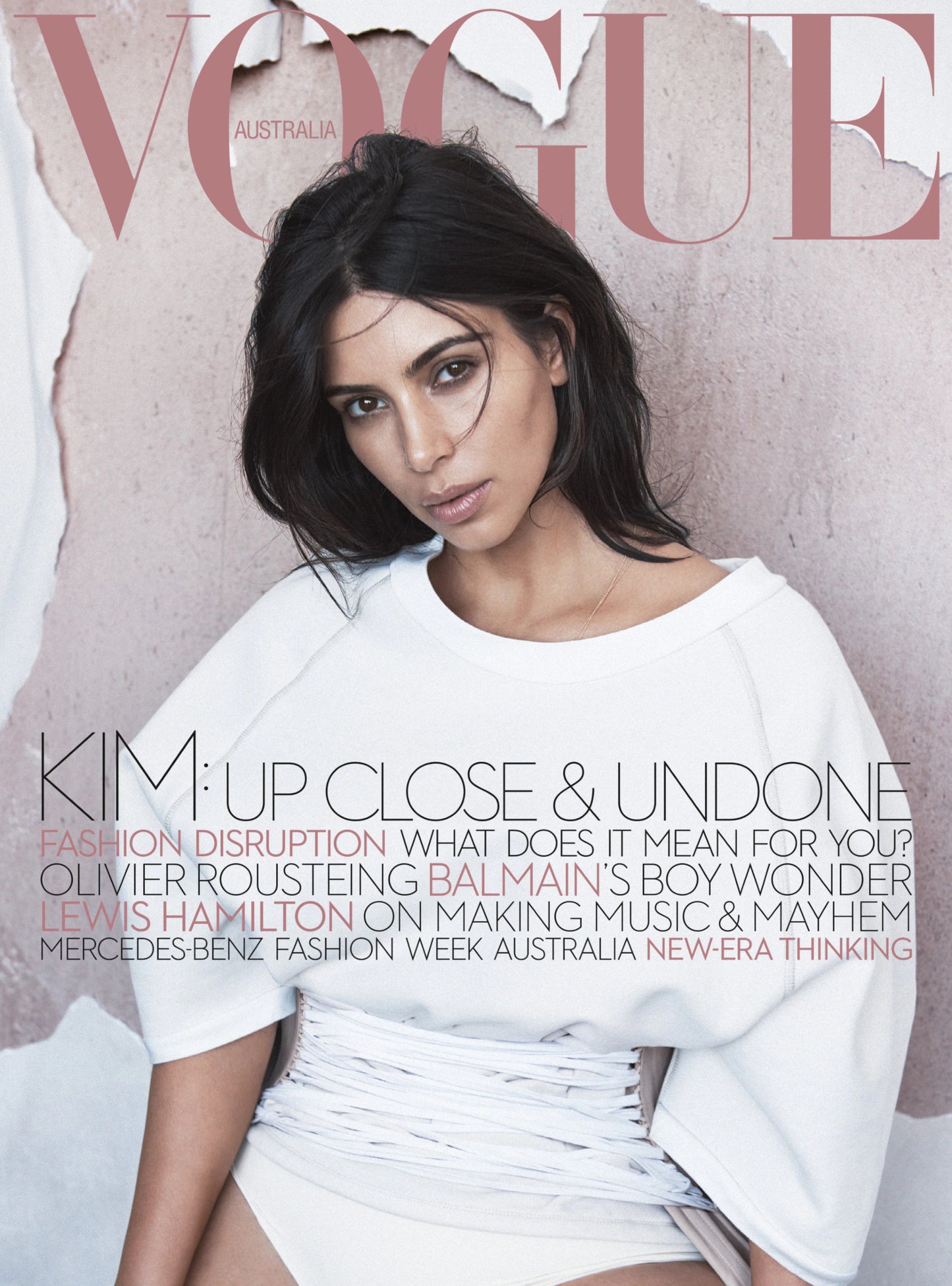 Kim Kardashian wearing a commissioned Deborah Brand corset on the cover of Vogue Australia in 2016